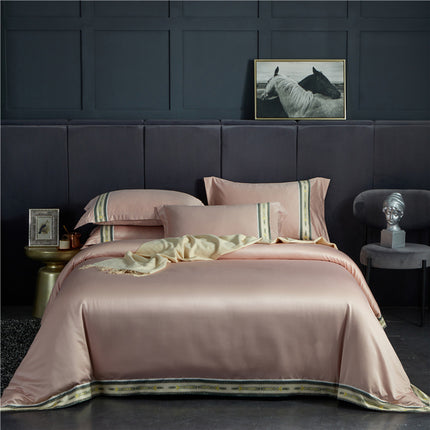 Four-piece Set Of Washed Silk Satin Striped Sheets, Solid Color Ice Silk Jane Ou Silk Slippery Bed Linen - Wnkrs