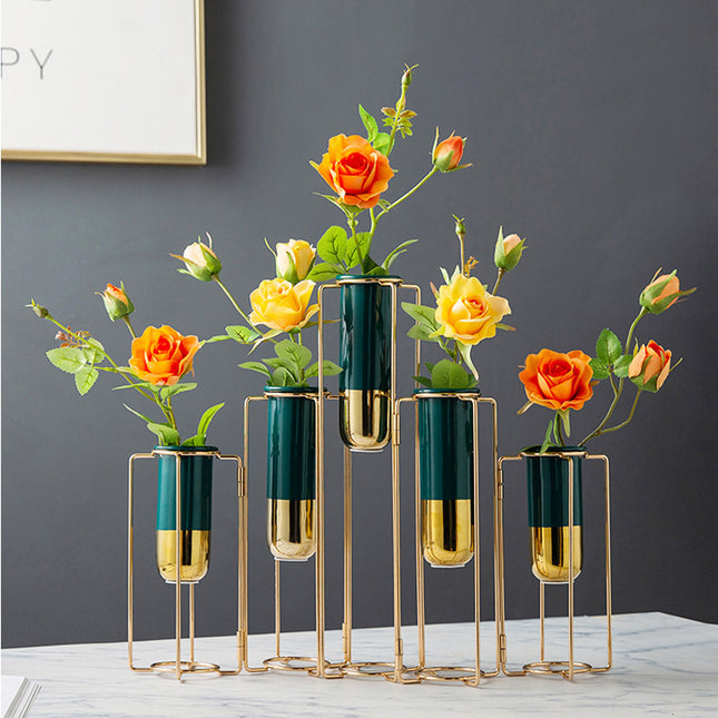 Creative Nordic Metal Iron Test Tube Ceramic Vase Transparent Small Table Decoration Living Room Arrangement - Wnkrs