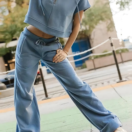 Ensemble deux pièces haut court à capuche et pantalon à cordon de serrage pour femme, style urbain décontracté