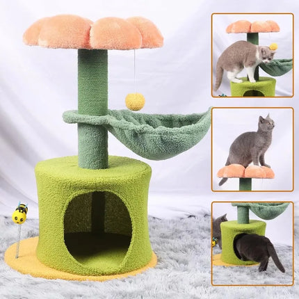 Torre para gatos con hamaca y diseño de árbol de flores