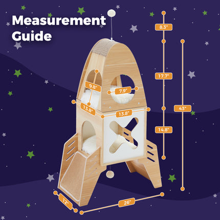 Arbre à chat moderne en forme de fusée avec condos, balles suspendues et griffoirs en sisal