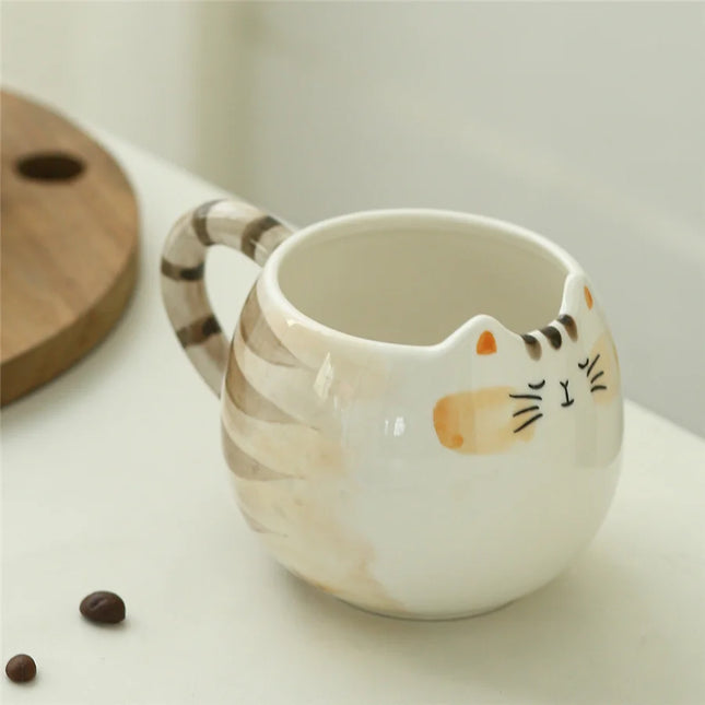 Tasse en céramique en forme de chat mignon – Tasse à café et à thé peinte à la main de 380 ml avec cuillère