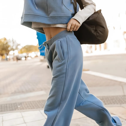 Ensemble deux pièces haut court à capuche et pantalon à cordon de serrage pour femme, style urbain décontracté