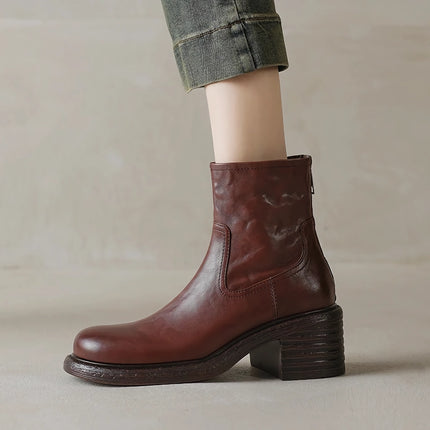 Bottines en cuir véritable pour femmes - Talons hauts, style moto court