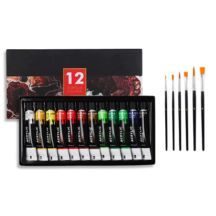 Professional Acrylic Paint Set - 12ml Tubes in 24 Vibrant Colors with Brush Set