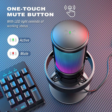 USB Microphone with RGB Modes, Headphone Output & Touch-Mute