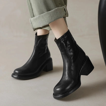 Bottines en cuir véritable pour femmes - Talons hauts, style moto court