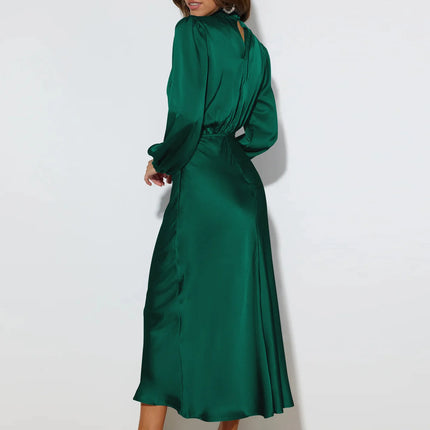 Elegant Satin Long-Sleeved Ruched Slim Dress for Evening and Parties – Autumn