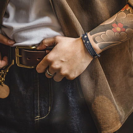 Vintage Leather Patchwork Bracelet with Brass Buckle - Adjustable Unisex Bangle