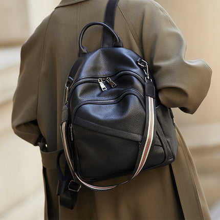 Sac à dos à carreaux en cuir véritable de grande capacité pour les étudiantes