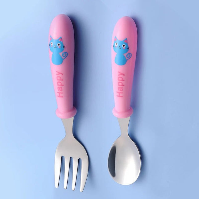 Stainless Steel Toddler Cutlery Set - Cartoon Infant Feeding Spoon & Fork with Travel Case