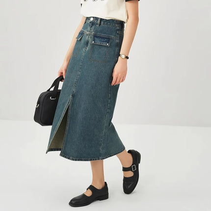 Vintage Washed Cotton Denim Skirt for Women