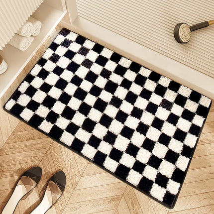 Tapis de salle de bain absorbant et antidérapant à motif quadrillé noir et blanc