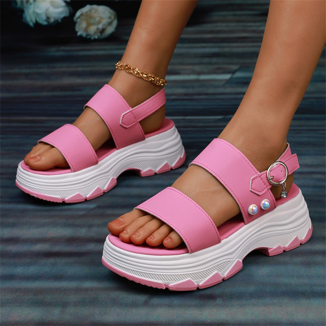 Sandalias deportivas informales de doble correa, moda de verano, color sólido, suela gruesa, hebilla, zapatos de boca de pez para mujer