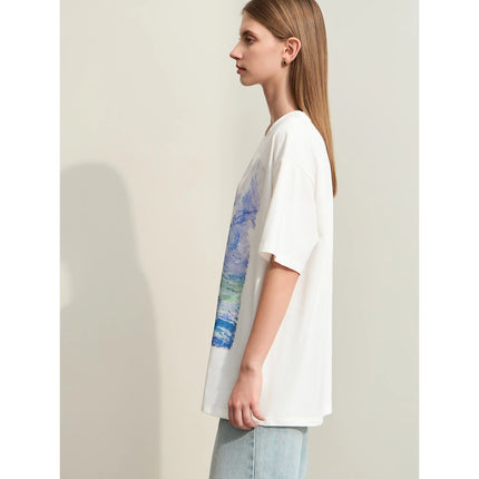 T-shirt en coton à imprimé artistique minimaliste pour femme - Haut décontracté à manches courtes