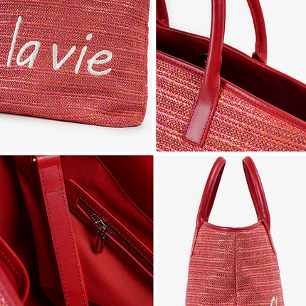 Bolso de mano informal de paja con decoración de letras para mujer