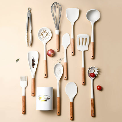 Creamy White Wooden Handle Silicone Kitchenware Set - Wnkrs