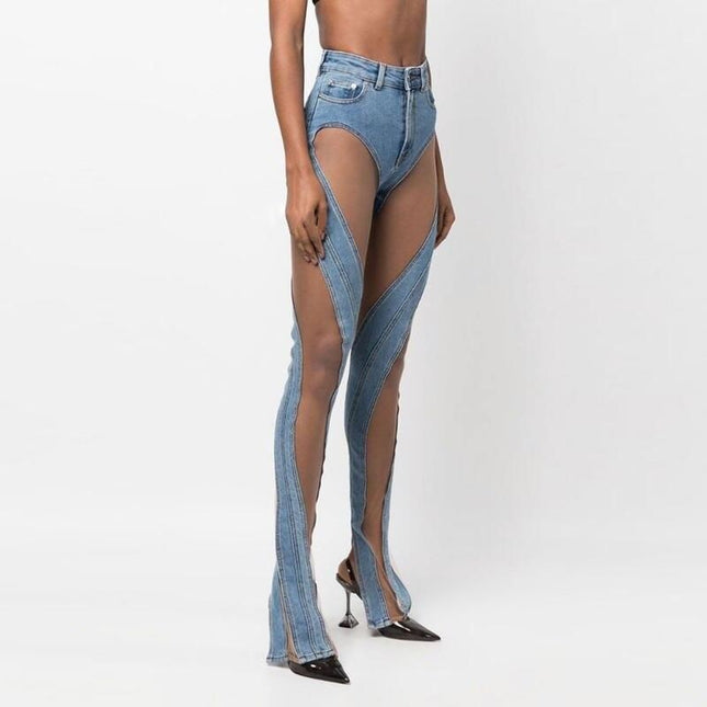 Pantalon évasé en denim taille haute à mailles transparentes et patchwork