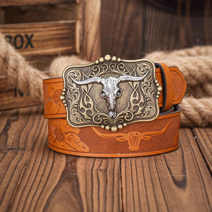 Ceinture en cuir PU style cowboy western avec décoration de taureau et gravure florale