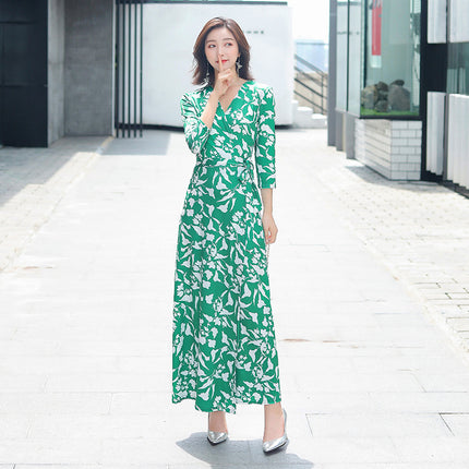 Robe longue portefeuille à lacets à la mode, une pièce, motif floral vintage