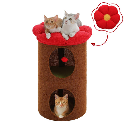 Acogedora casa para gatos con forma de flor y bola de pompón: condominio para gatos de dos pisos