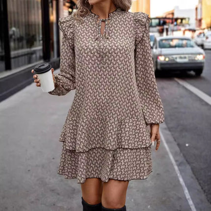 Bohemian Printed V-neck Lace-up Long Sleeve Dress