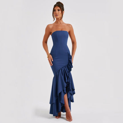 Blue Ruffles Evening Party Dress