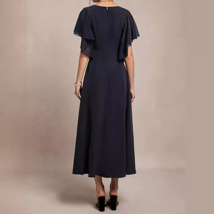 Robe unie élégante à col en V et à volants pour femme