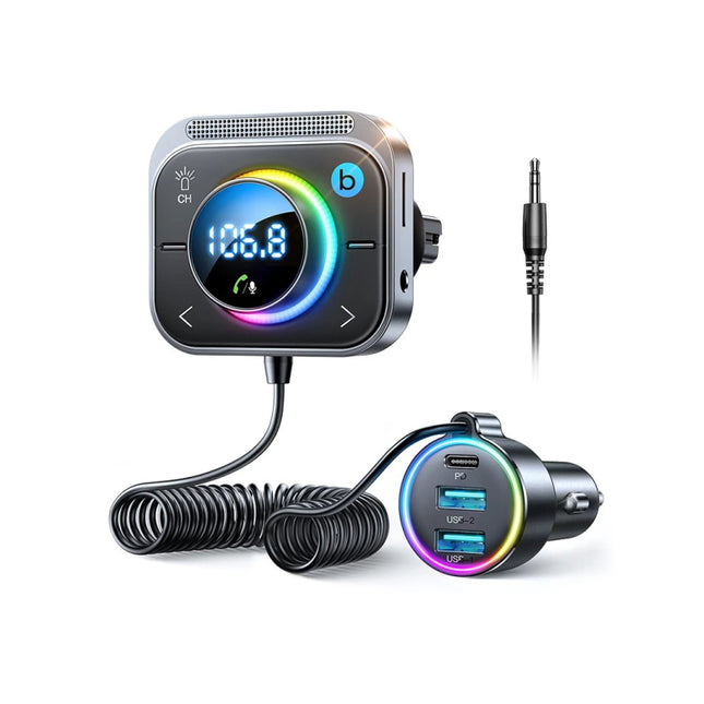 Transmisor FM Bluetooth 5.3 con puertos AUX, Bass Boost y de carga rápida