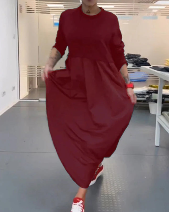 Robe à manches longues à col rond de couleur unie pour femme