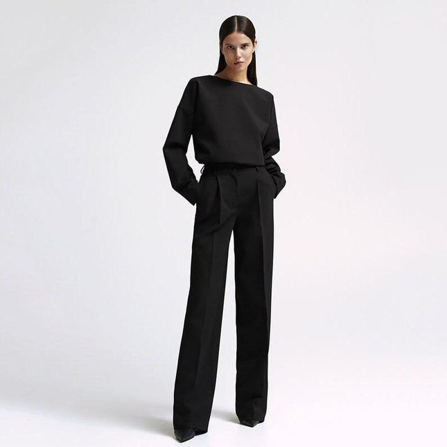 Elegant Two-Piece Office Suit with Long Sleeve Top and Wide-Leg Pants