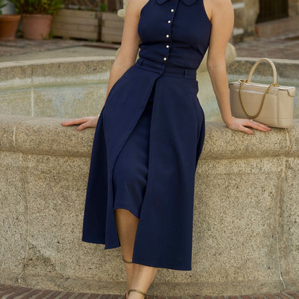 Vintage Lapel Pearl Button Solid Color Dress Two-piece Set