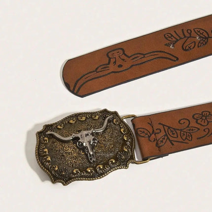 Ceinture en cuir PU imprimé avec boucle de cowboy western vintage