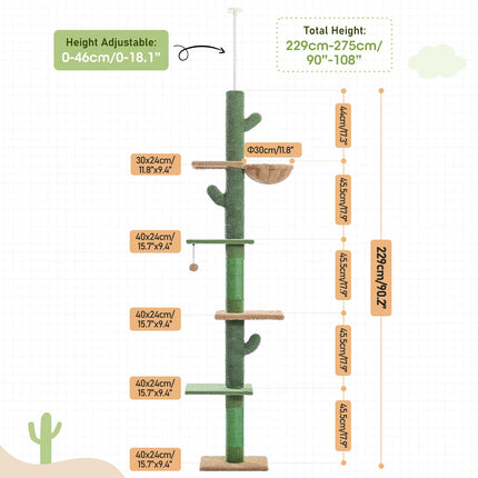 Torre para gatos de 5 niveles ajustable de piso a techo con diseño de cactus, hamaca y poste rascador