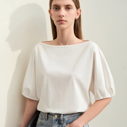 T-shirt minimaliste à manches lanternes en coton pour femme