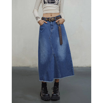 Jupe trapèze asymétrique en denim délavé vintage pour femme