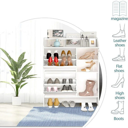 Modern White Shoe Storage Cabinet with Top Place Space and 2 Flip Drawers - Wnkrs