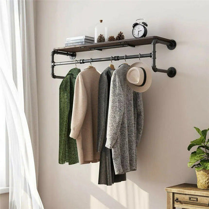 Wall-Mounted Industrial Pipe Clothing Rack with Wooden Shelf and Hooks - Wnkrs