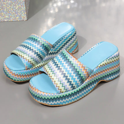 Fashion Colorful Wave Print Wedges Sandals Summer Outdoor High Heel Slippers Thick Bottom Shoes For Women