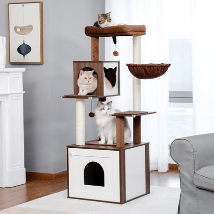 Arbre à chat de luxe à plusieurs niveaux avec armoire et poteaux en sisal