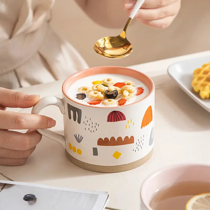 Tasse en céramique à fleurs peintes nordiques – Tasse à café, à thé et à petit-déjeuner de 400 ml