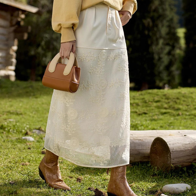 Lace Embroidery A-Line Patchwork Skirt with Ruffles for Women