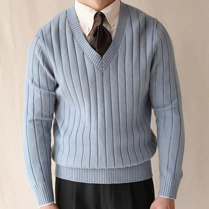 Men’s Winter Striped V-Neck Knit Sweater – Slim Fit Warm Pullover