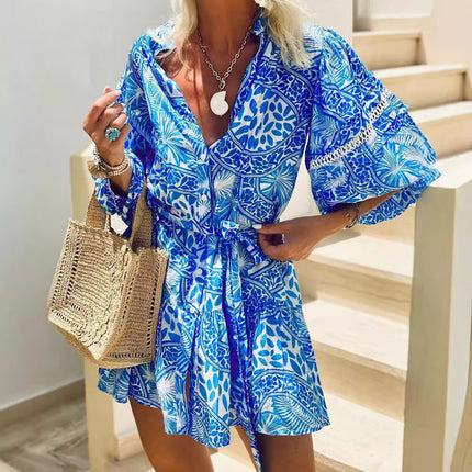 Vestido de playa con cuello alto y estampado recto a la moda para vacaciones