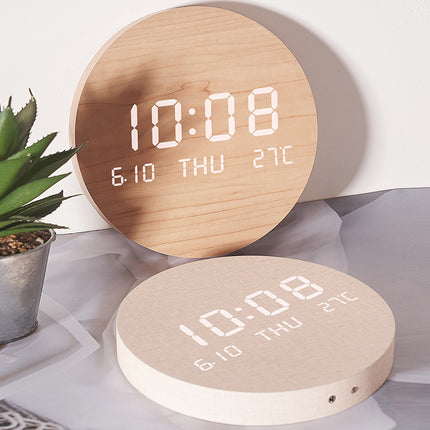 Horloge murale LED en bois avec affichage de la température, silencieuse, style nordique