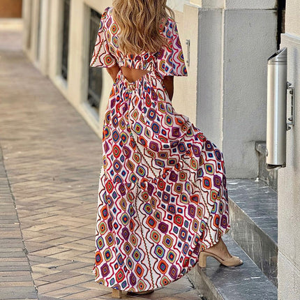 Fashion Printed V-neck Bohemian Mid-length Dress