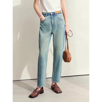 Jean fuselé en denim patchwork minimaliste pour femme - Style rétro