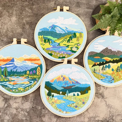 Kit de broderie de paysage DIY avec motif imprimé et cerceau en plastique