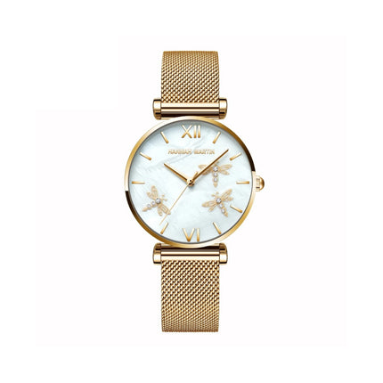 Reloj con diseño de libélula con esfera Oyster blanca y detalles de perlas Akoya