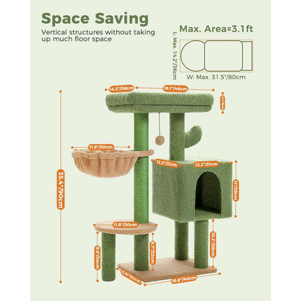 Torre de árbol para gatos con forma de cactus, percha acolchada, hamaca, condominio y postes rascadores